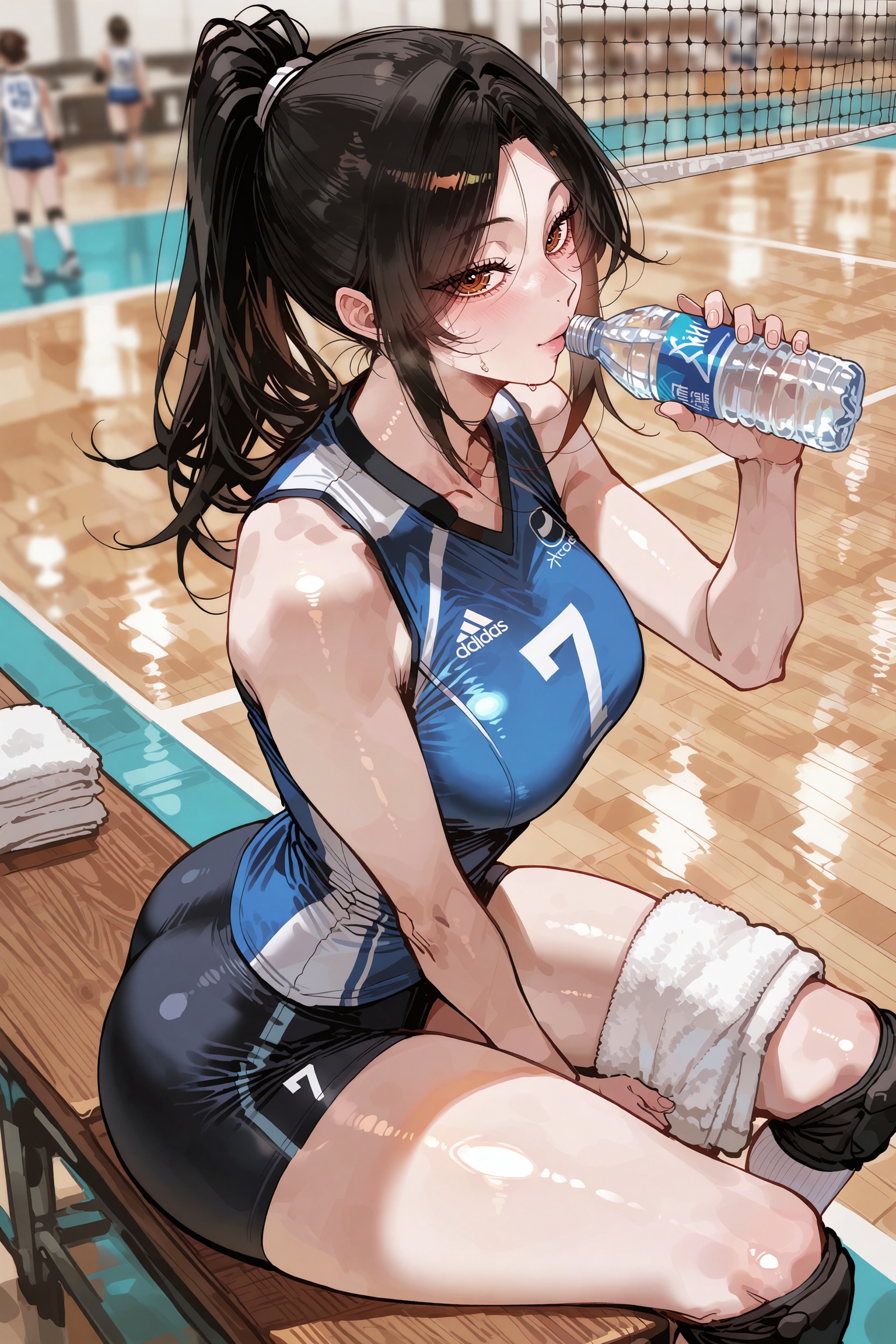 A masterpiece of cinematic sports photography captures a stunningly attractive and voluptuous volleyball player resting du...
