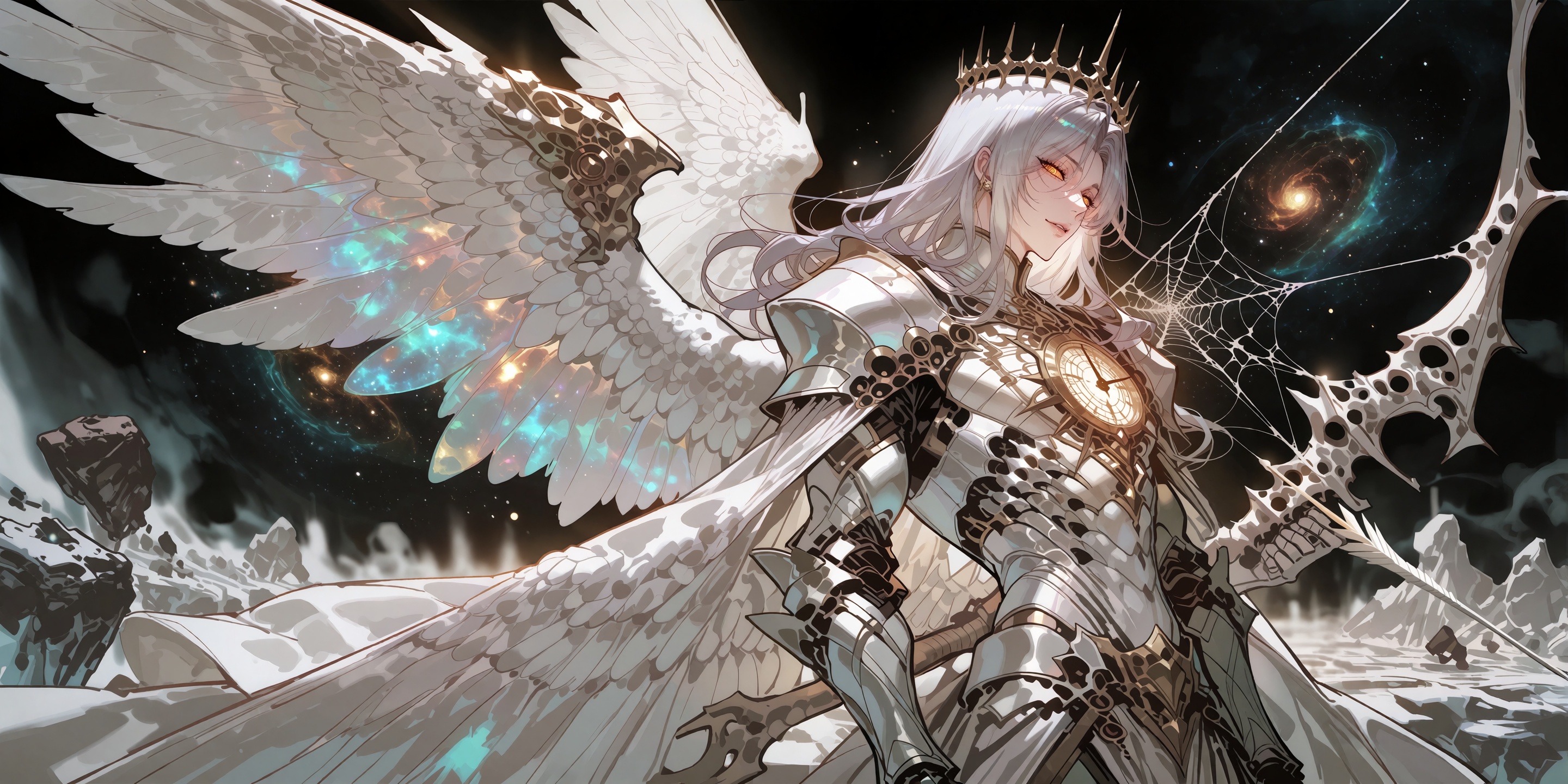 A majestic divine celestial archer captured in a three-quarter back view,  turning around to look over his shoulder with i...