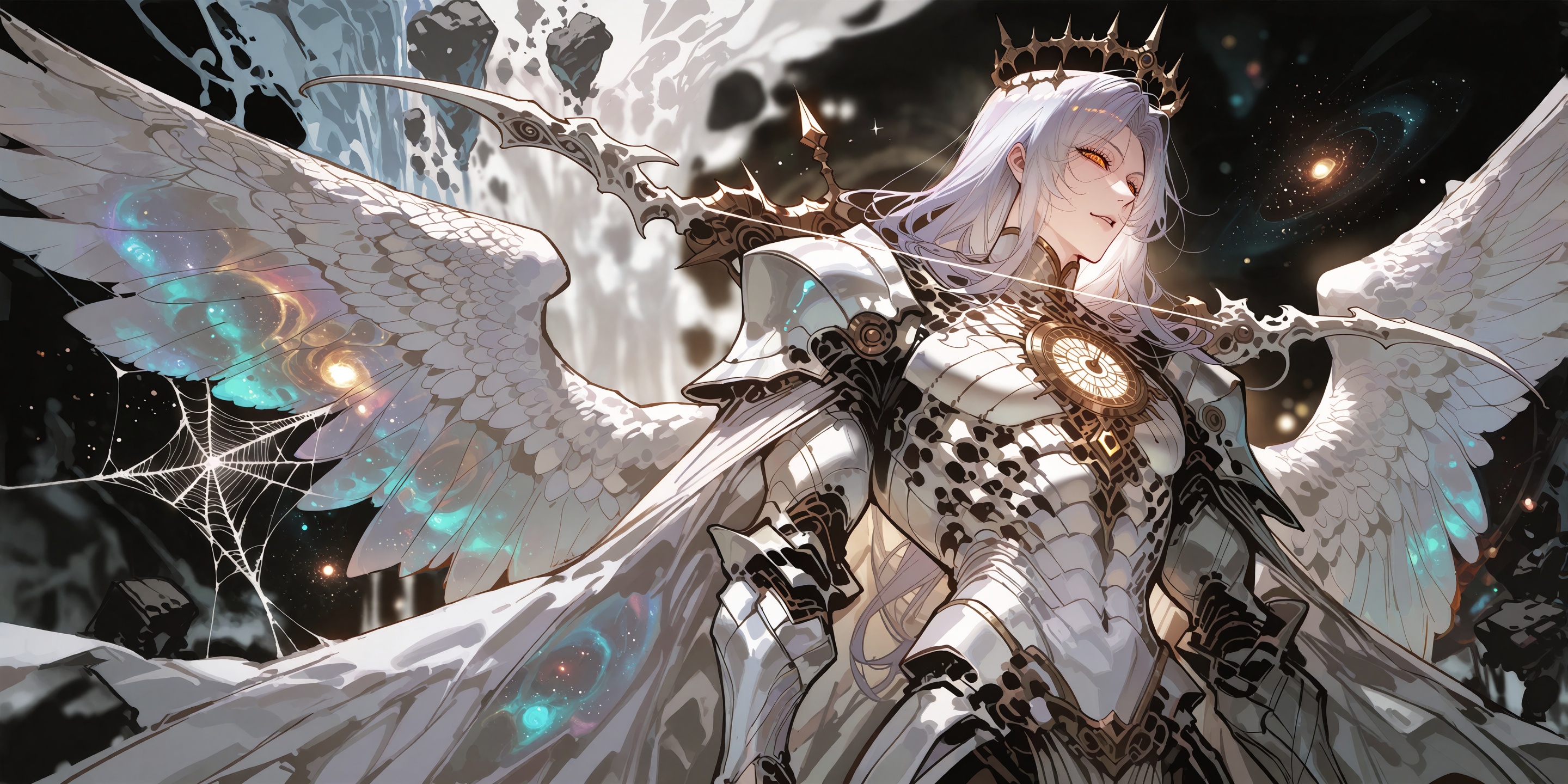 A majestic divine celestial archer captured in a three-quarter back view,  turning around to look over his shoulder with i...