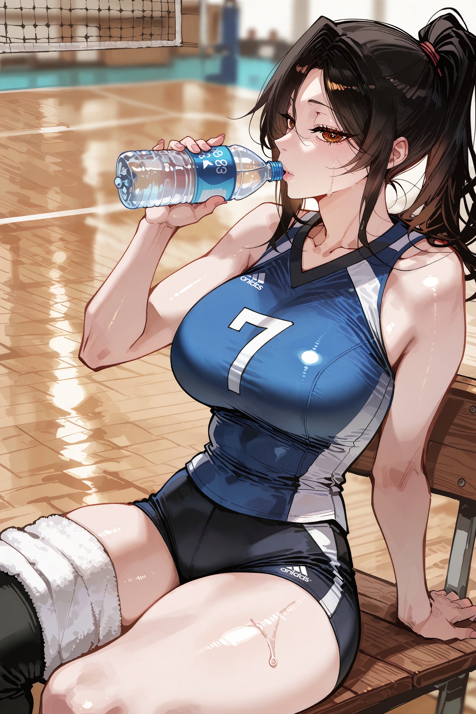 A masterpiece of cinematic sports photography captures a stunningly attractive and voluptuous volleyball player resting du...