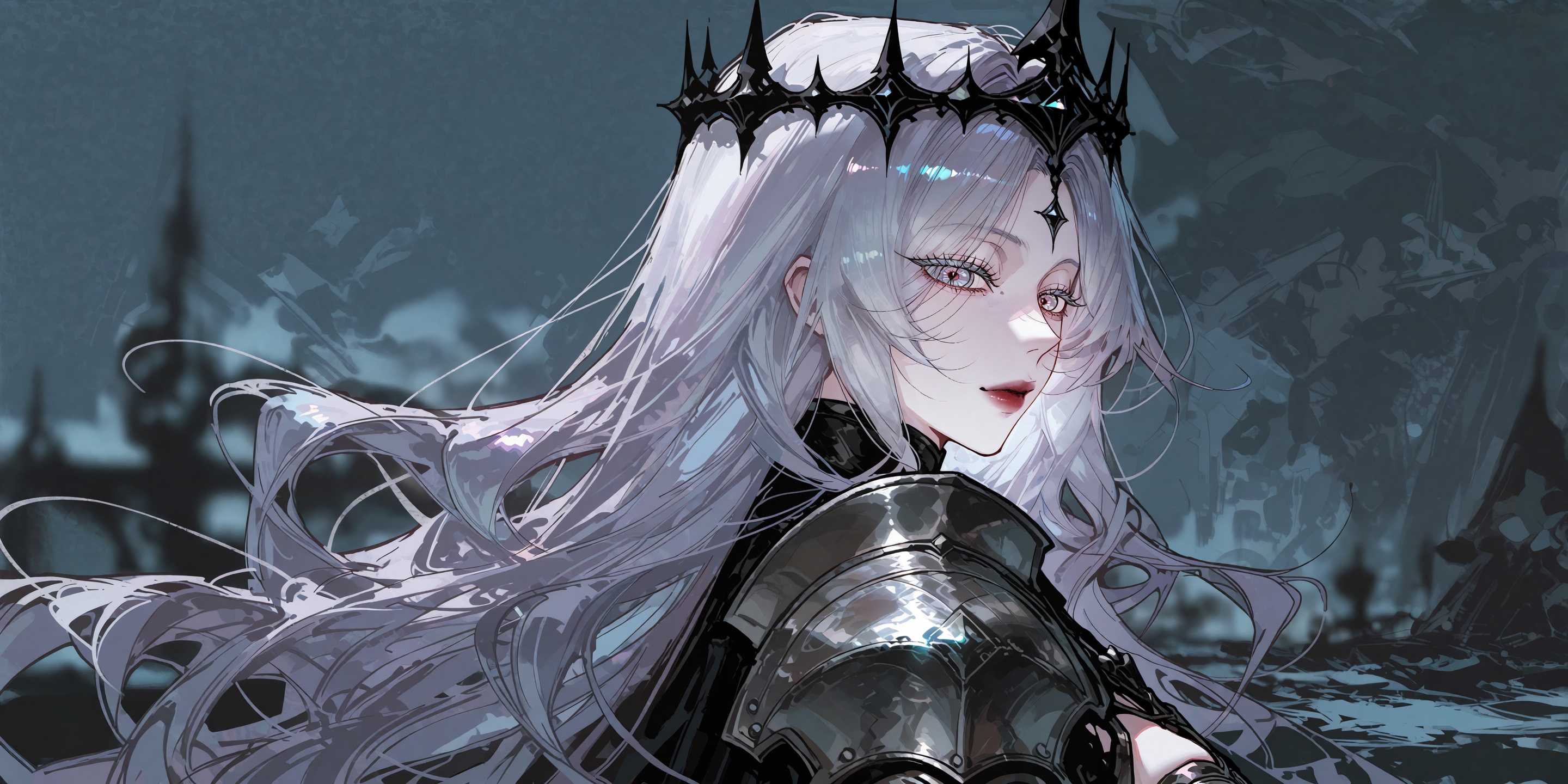 A masterpiece of dark fantasy digital art features Nephis from Shadow Slave in a hauntingly beautiful,  painterly style. S...