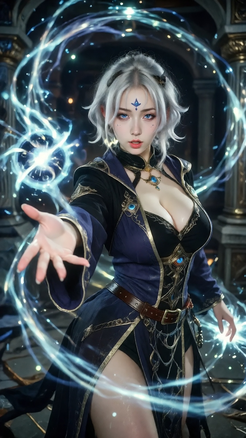 mystical woman stands in a slight three quarter turn,  reaching her right hand forward toward the viewer while unleashing...