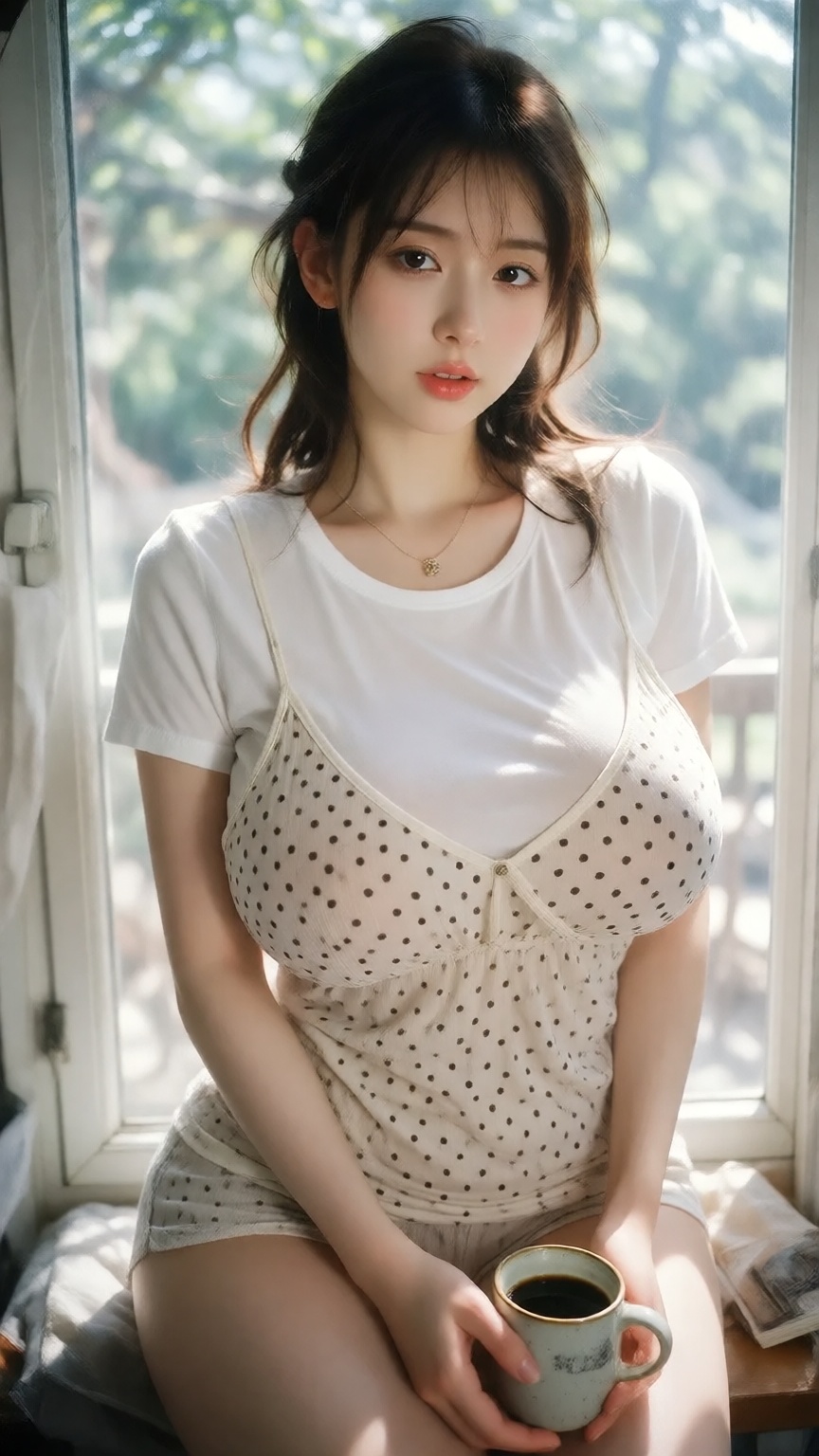 A natural and bright photo of a young Asian woman sitting by a sunlit window. She is dressed in a pure white t-shirt layer...