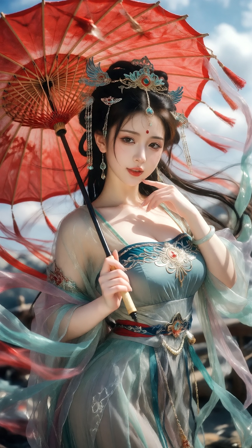 upper-body portrait of an elegant woman holding a large traditional red paper parasol,  gazing softly at the viewer with o...