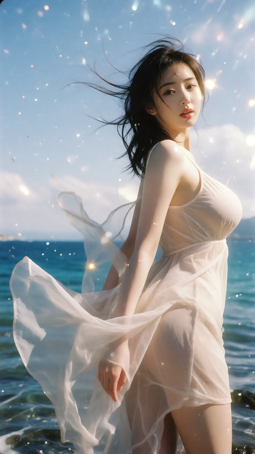 A modern Japanese cinematic fashion photograph of a young East Asian woman with a fresh Korean-Japanese aesthetic,  black...