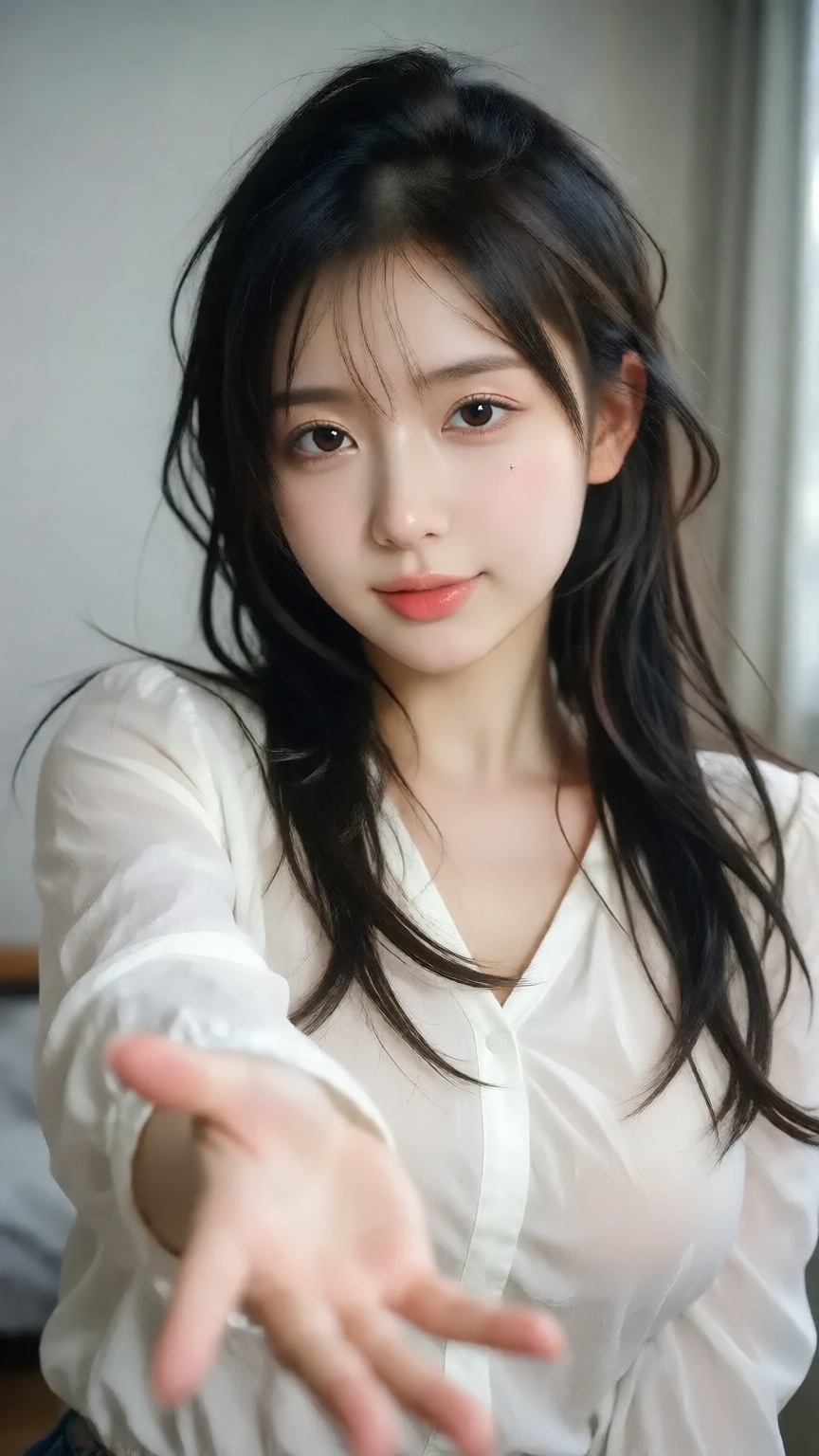 A front-facing close-up portrait of a cute young woman,  keeping the same composition and hand-reaching pose,  with one ha...