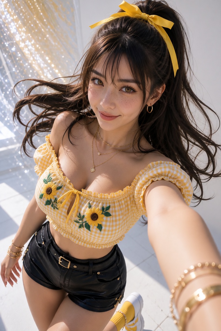 from above selfie captures a beautiful woman with big breasts,  long,  flowing dark brown hair styled in a high ponytail w...