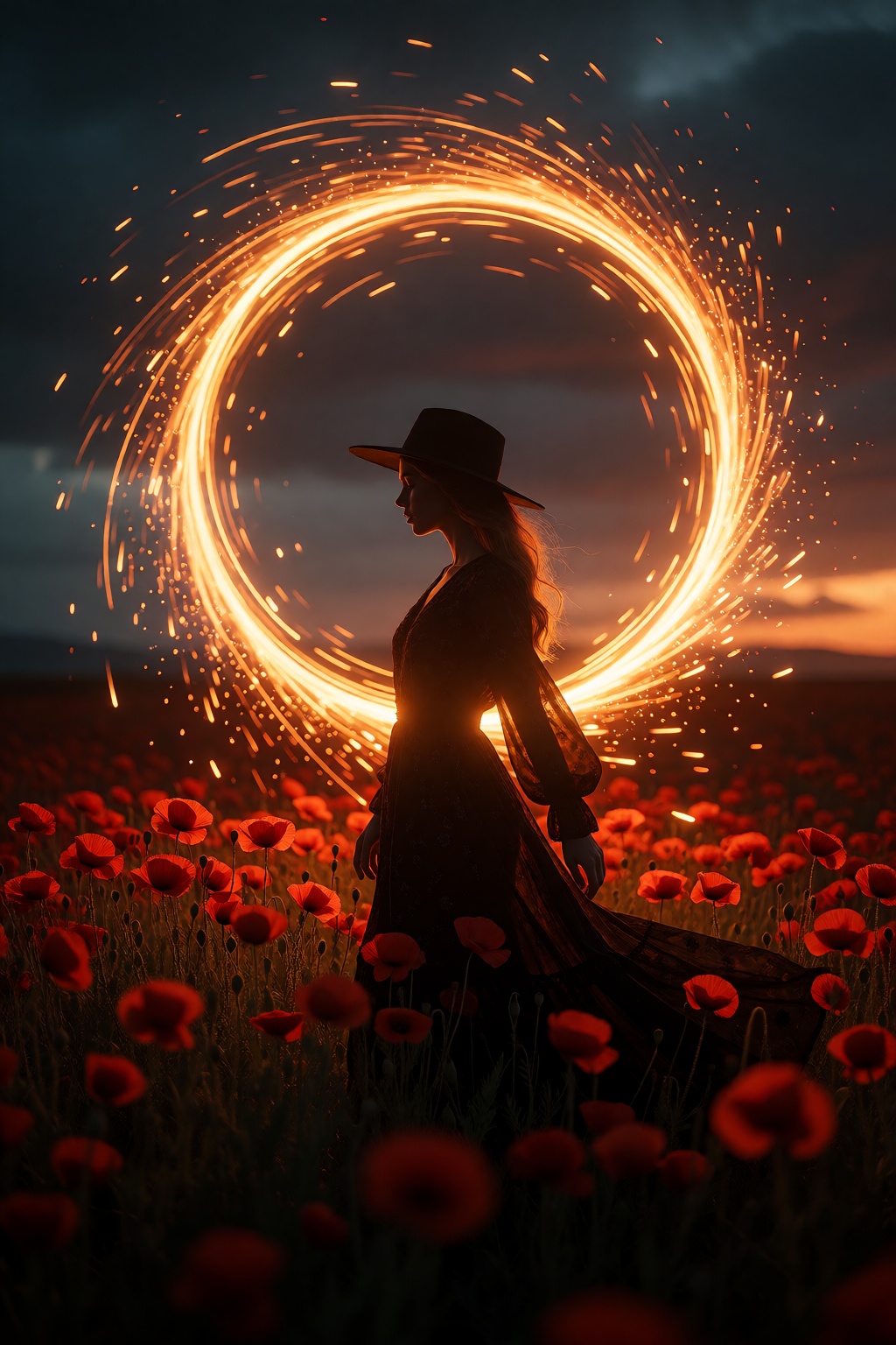 zidiusArt,  a silhouette of a woman standing in a vast field of vibrant red poppies at twilight. She wears a wide-brimmed...