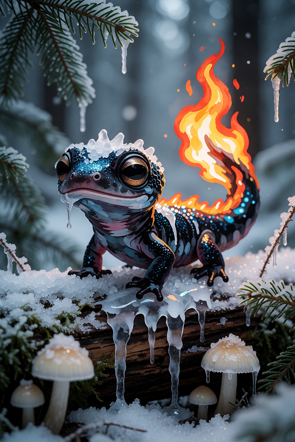 zidiusArt,  A 2D adorable little black ice salamander with a hot flame tail,  blue glitter speckles on Tensor.Art