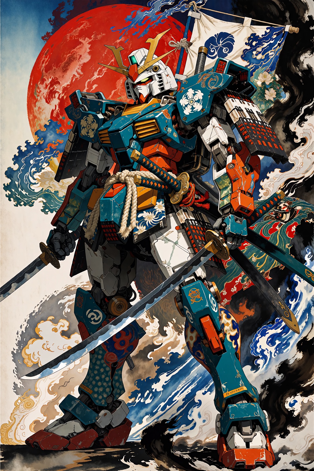 towering samurai-inspired Gundam mecha standing in a powerful pose,  holding two katanas,  teal and orange armor with trad...