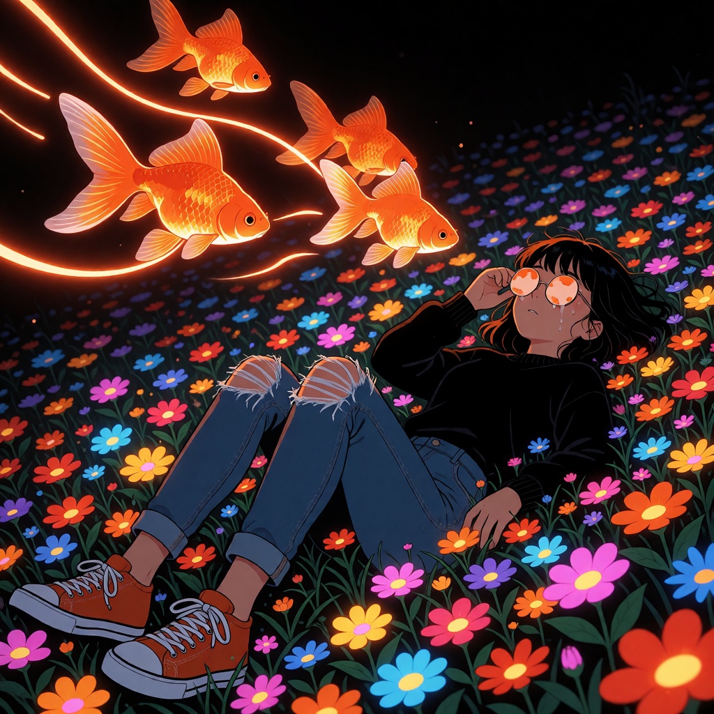 zidiusArt,  a melancholic group of goldfish swimming overhead a field of flowers. The goldfish leave behind bright orange...