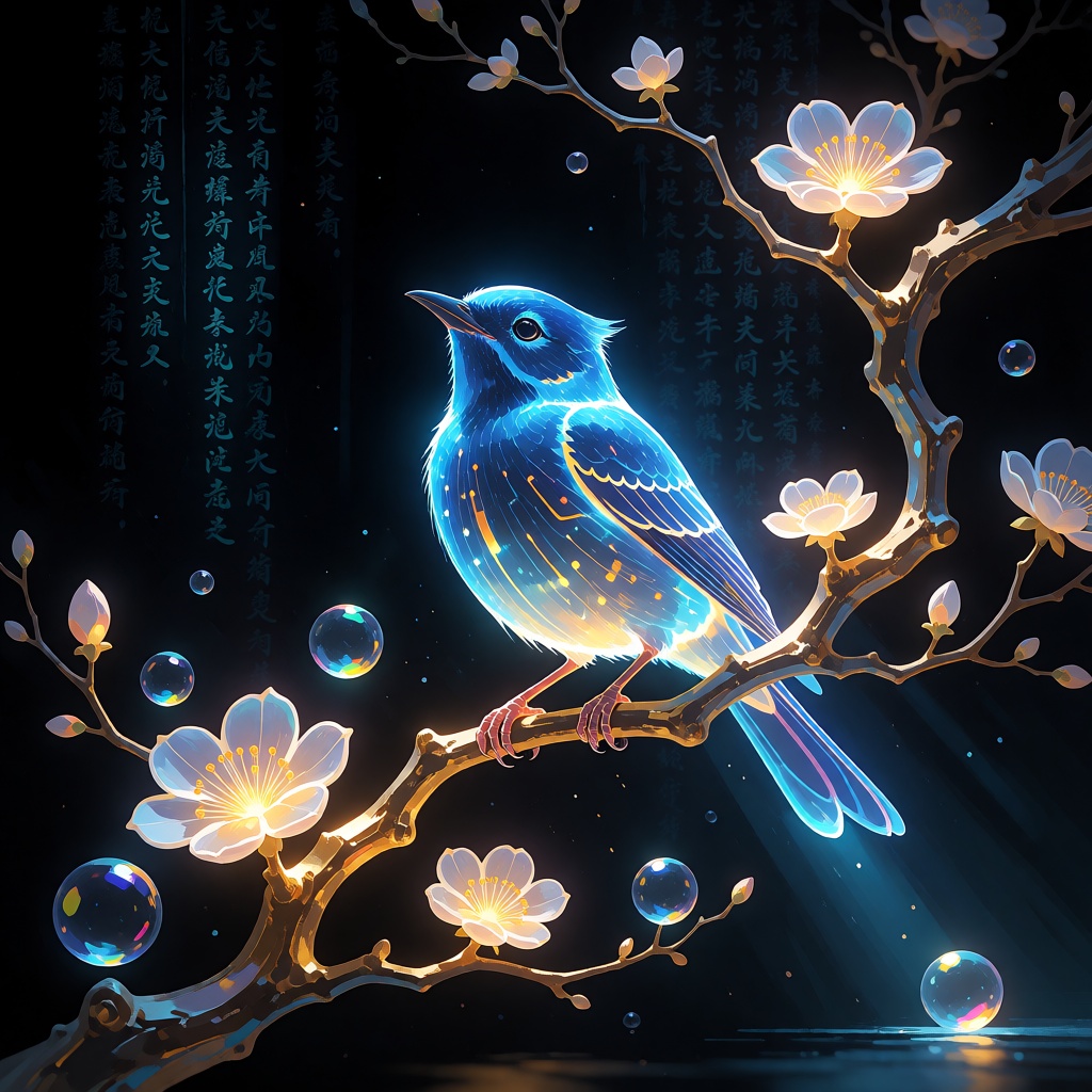 anime oil painting,  A luminous blue bird with translucent feathers perches gracefully on a glowing golden branch adorned...