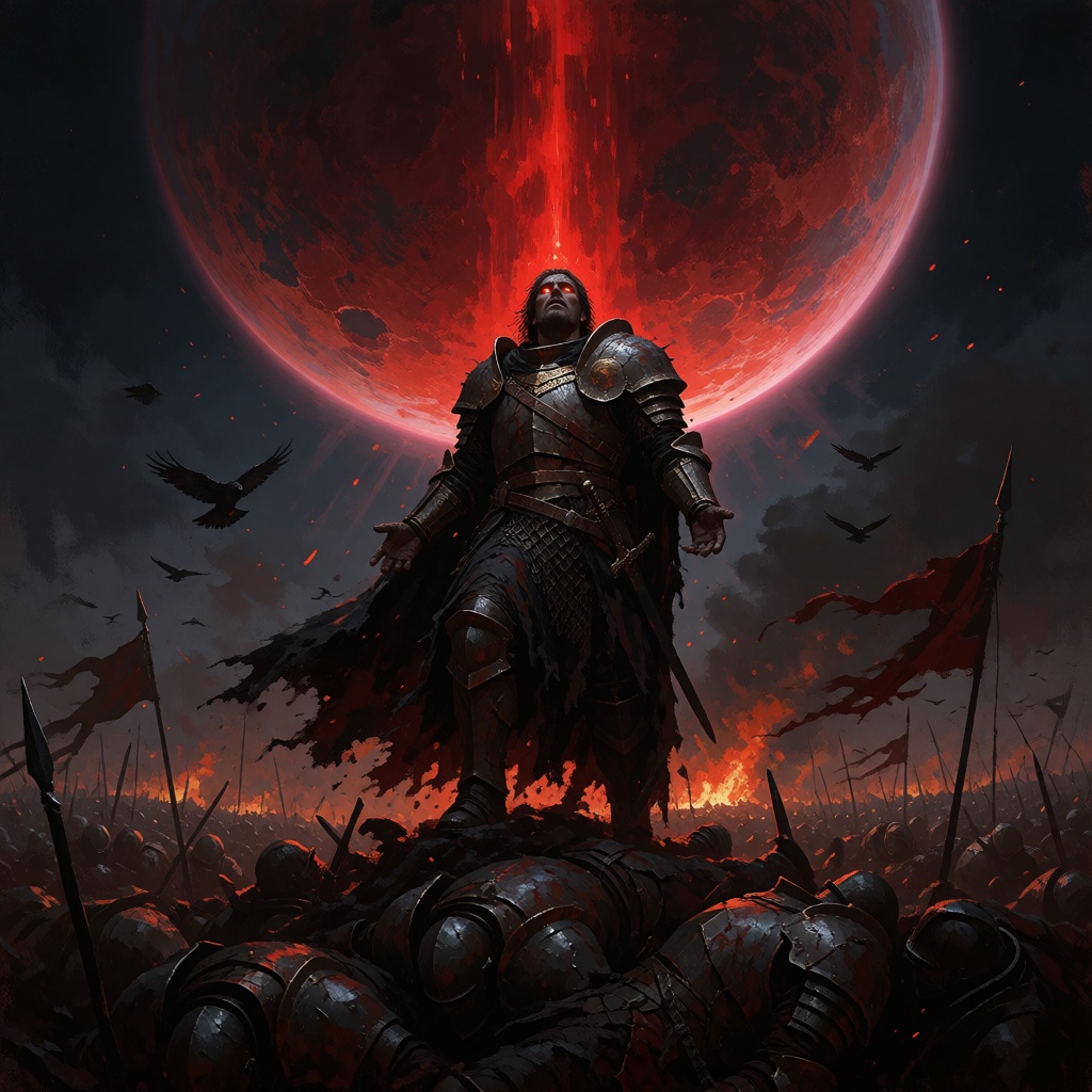 An epic dark fantasy digital painting with heavy,  textured brushwork,  low angle shot. A battle-worn warlord stands atop...