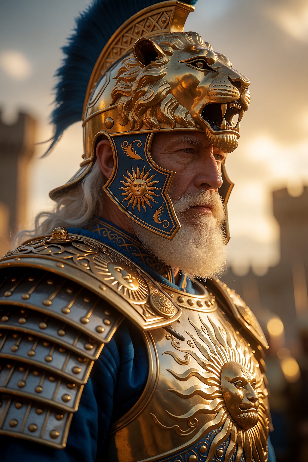 Close-up portrait of an elderly warrior in ornate golden armor and lion-helmed helmet,  facing sideways with a stern expre...