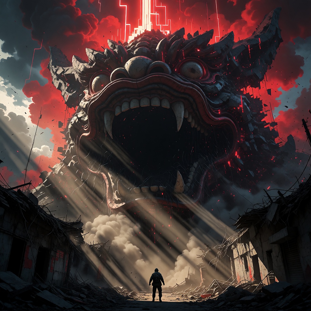 An intense,  panoramic digital illustration in a gritty cyberpunk style,  depicting a colossal Taotie on Tensor.Art