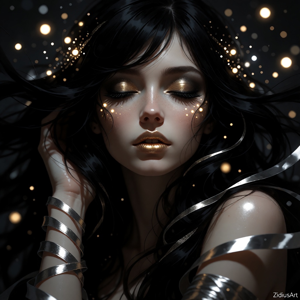zidiusArt,  close-up portrait of a beautiful woman with eyes closed in a peaceful,  ethereal expression on Tensor.Art