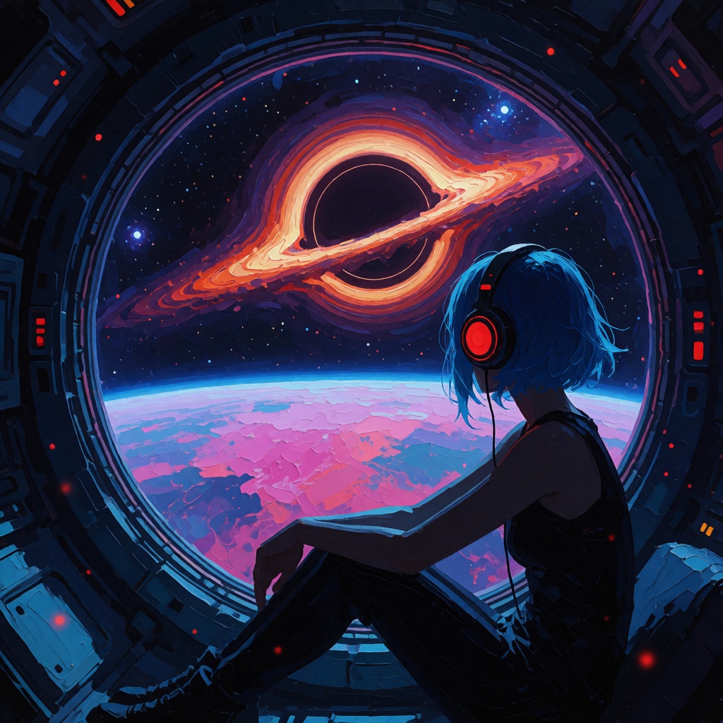 zidiusArt,  an impasto painting of a lone figure with short blue hair,  wearing glowing red headphones on Tensor.Art