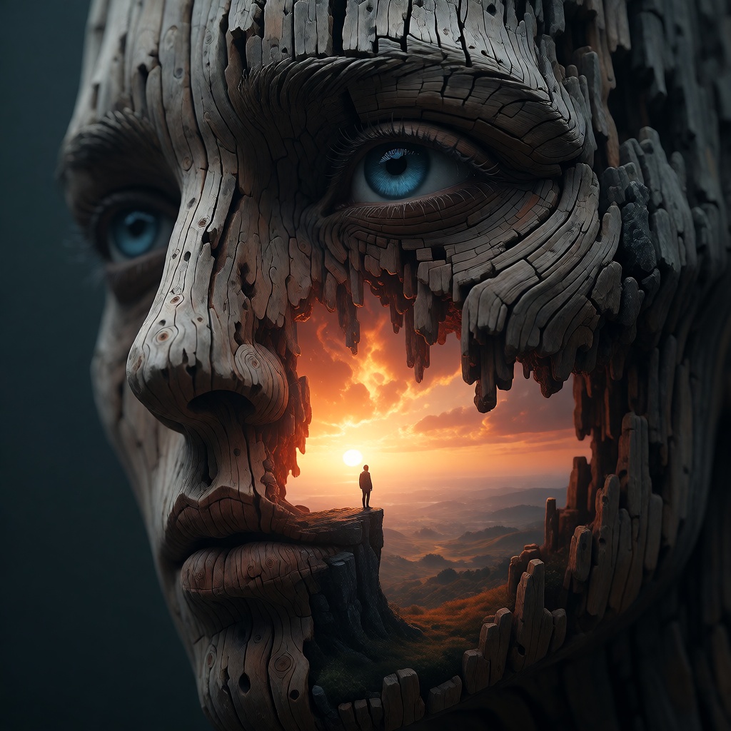 surreal digital art,  a massive weathered wooden sculpture of a giant human face,  highly detailed wood grain texture on T...