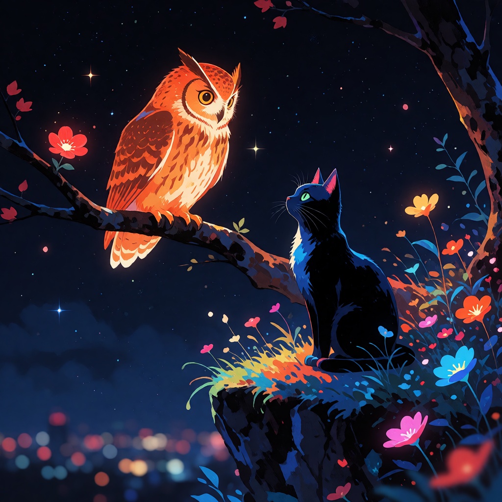 zidiusArt,  a stunning digital illustration of a nocturnal anime-style scene,  a vibrant orange glowing owl perched on a t...
