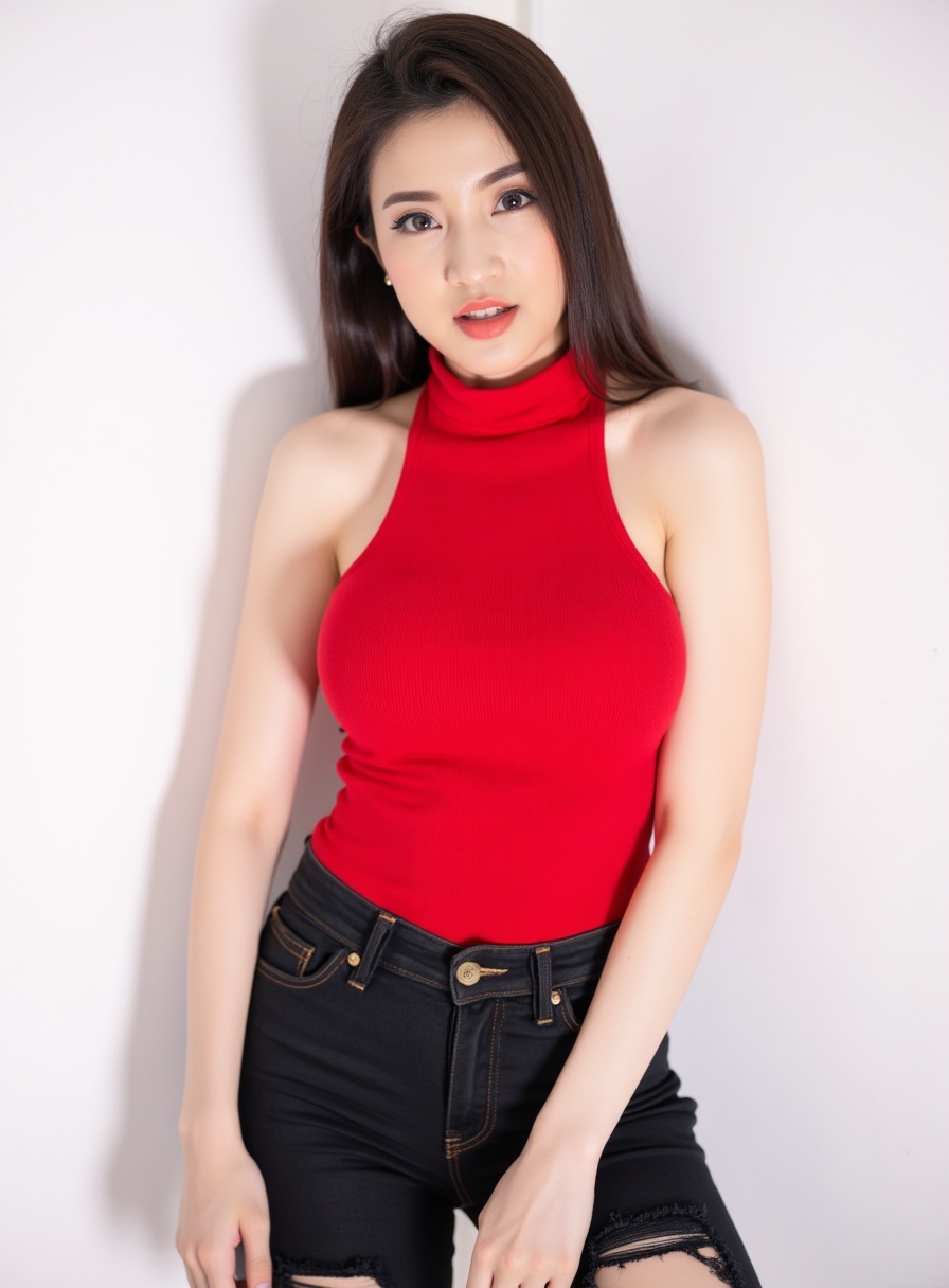 photorealistic portrait of Nong_Ming,  a ravishing young woman poised in a photoshoot studio,  her elegance captured in a...