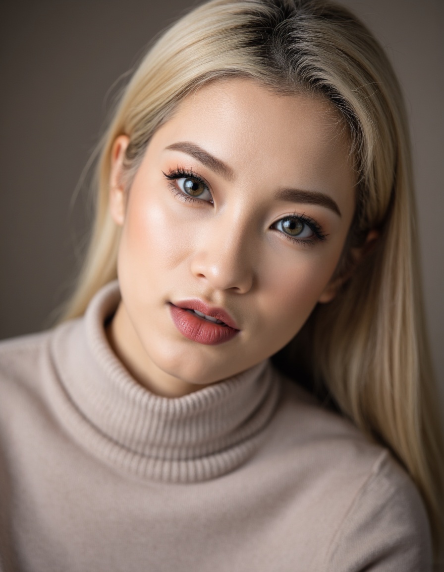 A close-up editorial fashion portrait of Nong_Ming,  a young female model,  tightly framed to include only her face on Ten...