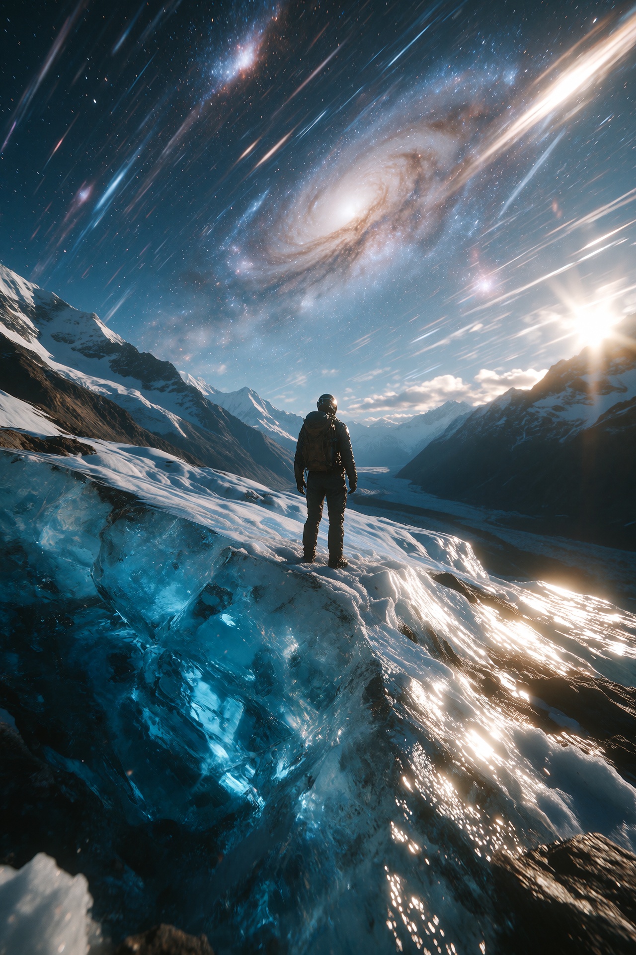 A humanoid explorer stands on the edge of a massive sapphire-colored glacier,  gazing into a sky streaked with swirling ga...