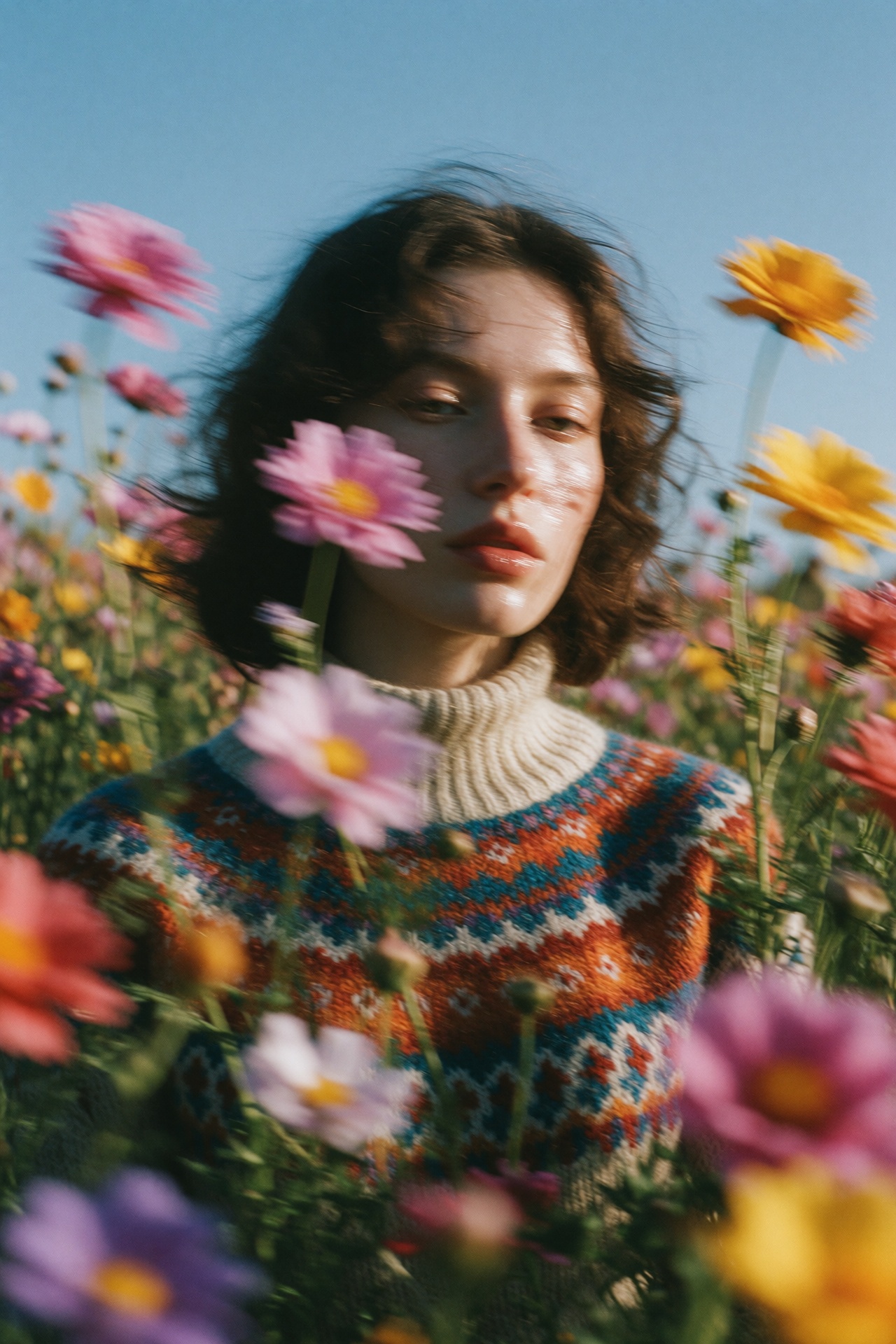 woman in vibrant field,  blurred colorful flowers,  face partially obscured on Tensor.Art