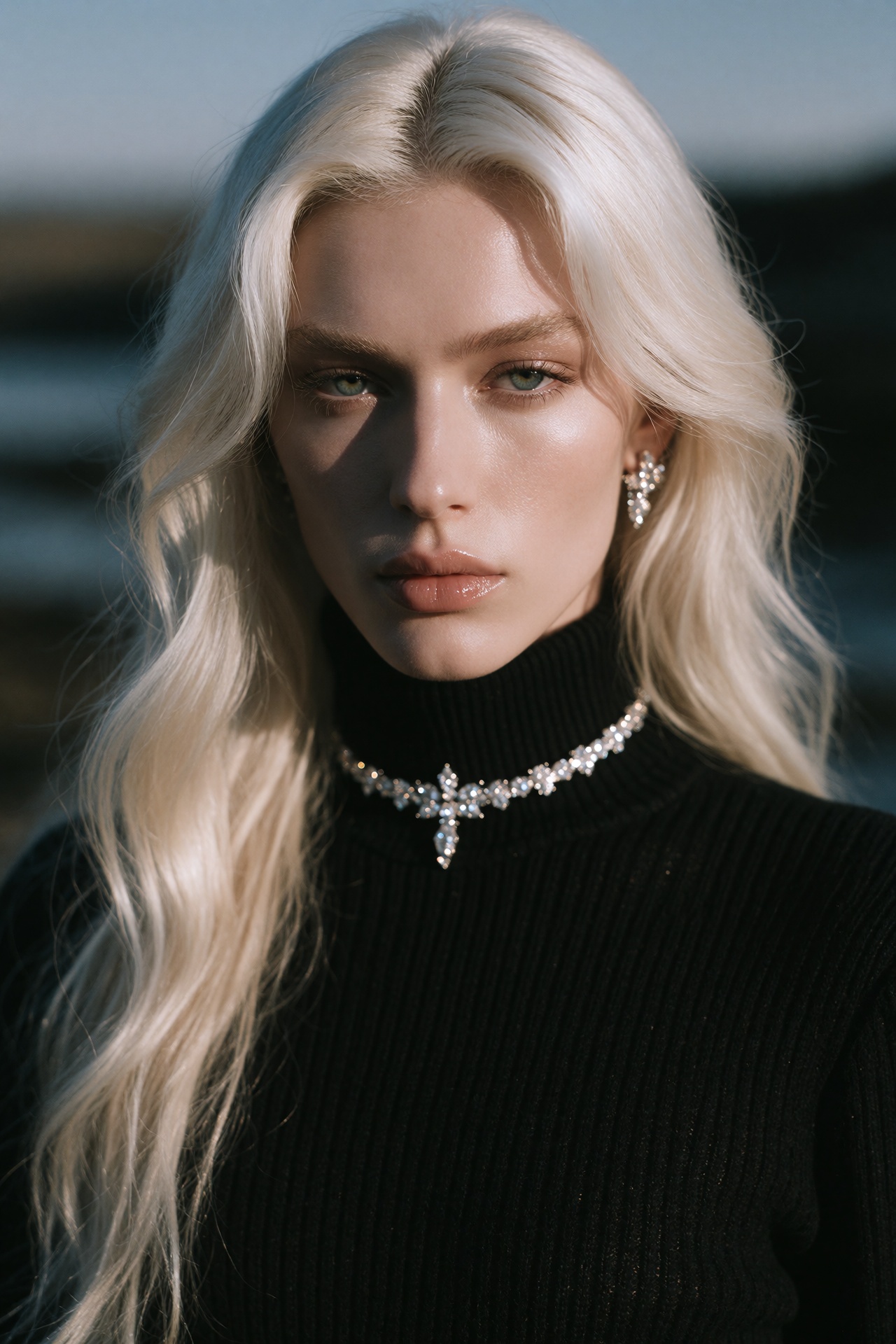 a person with long,  flowing platinum blonde hair is shown in a close-up portrait,  the hair is parted down the middle and...