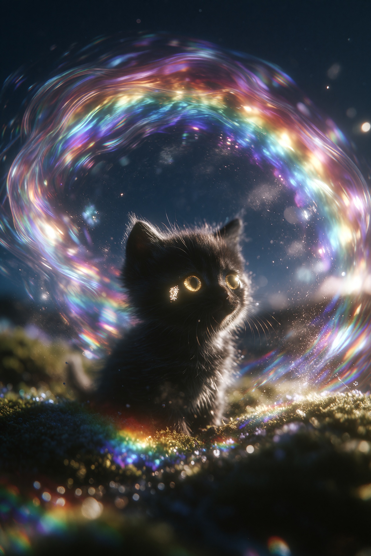 A tiny,  fluffy black kitten sits in a state of wonder beneath a colossal,  ethereal rainbow that swirls with spiraling ri...