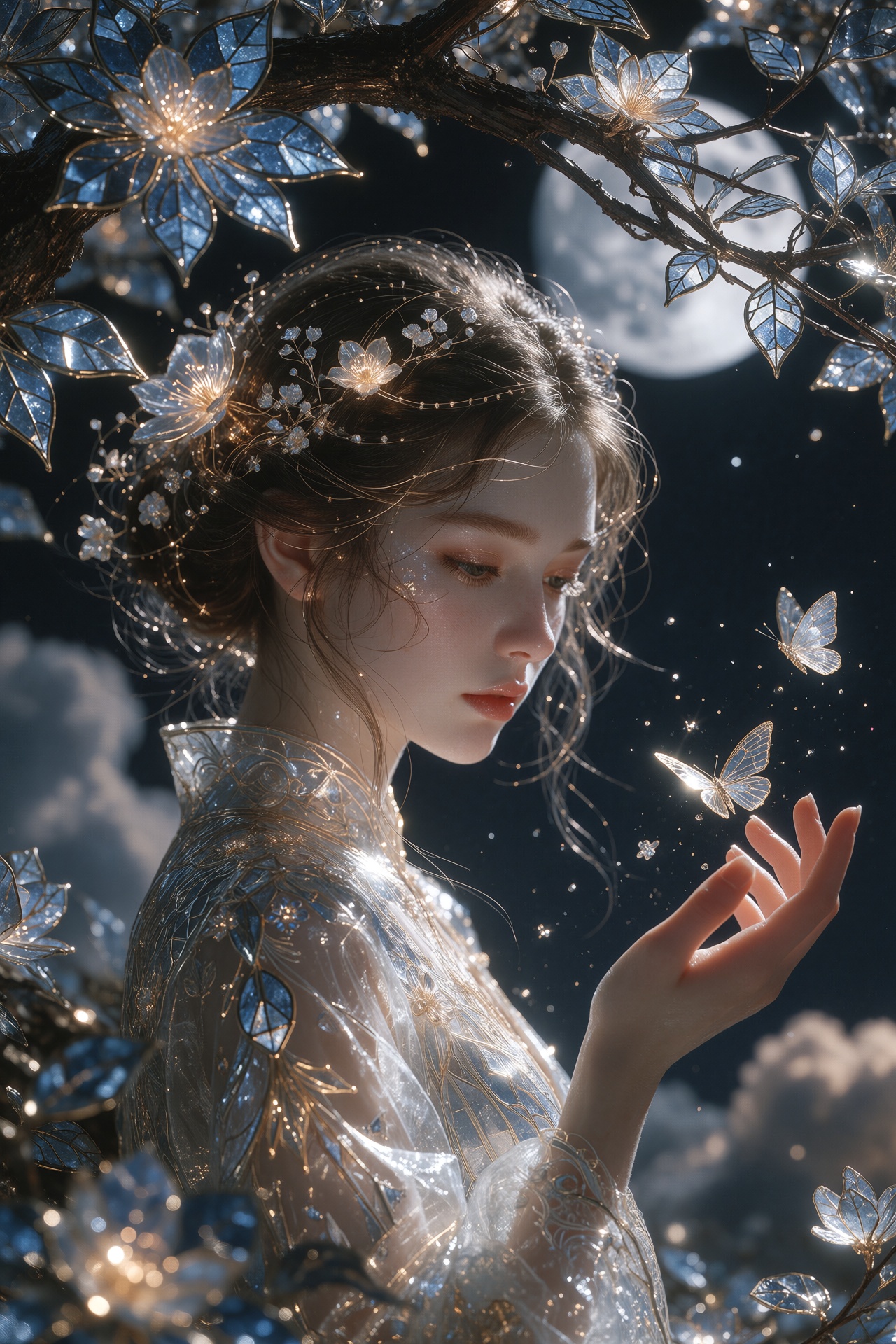 A young woman stands under the crown of a tree,  the leaves of which have turned into translucent blue stained glass windo...