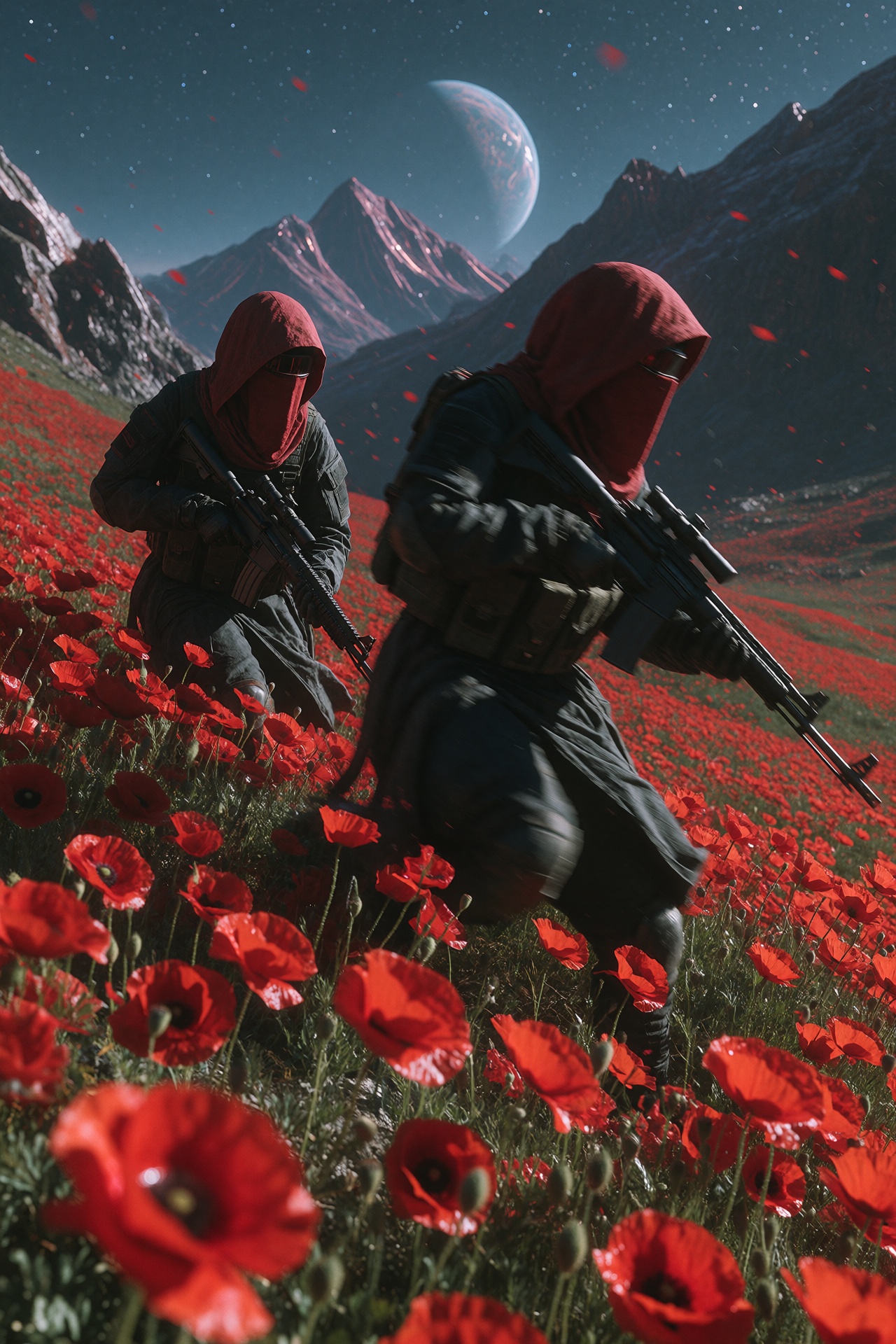 Two hooded figures in tactical robes and red veils move through a dense field of vivid red poppies,  rifles in hand. Their...