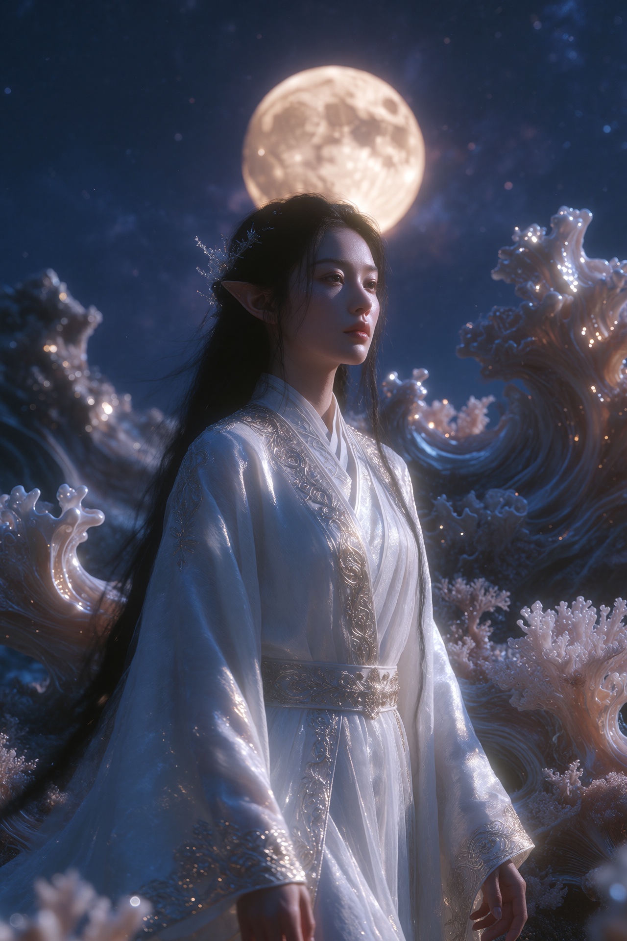 a serene,  ethereal figure stands in a mystical,  otherworldly landscape under a luminous full moon on Tensor.Art