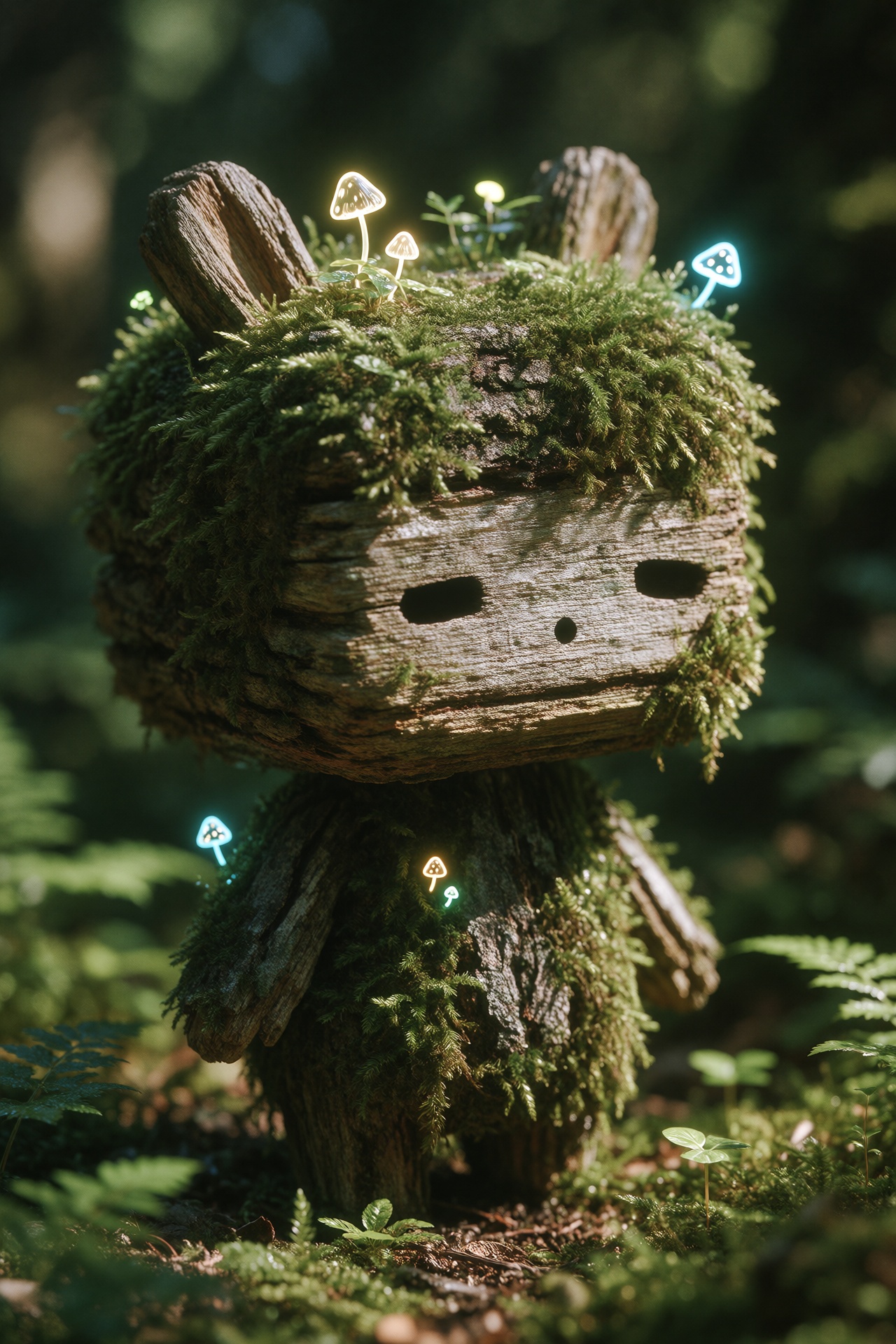 a cute,  whimsical forest spirit creature,  cuboid-shaped head and body made from rough on Tensor.Art