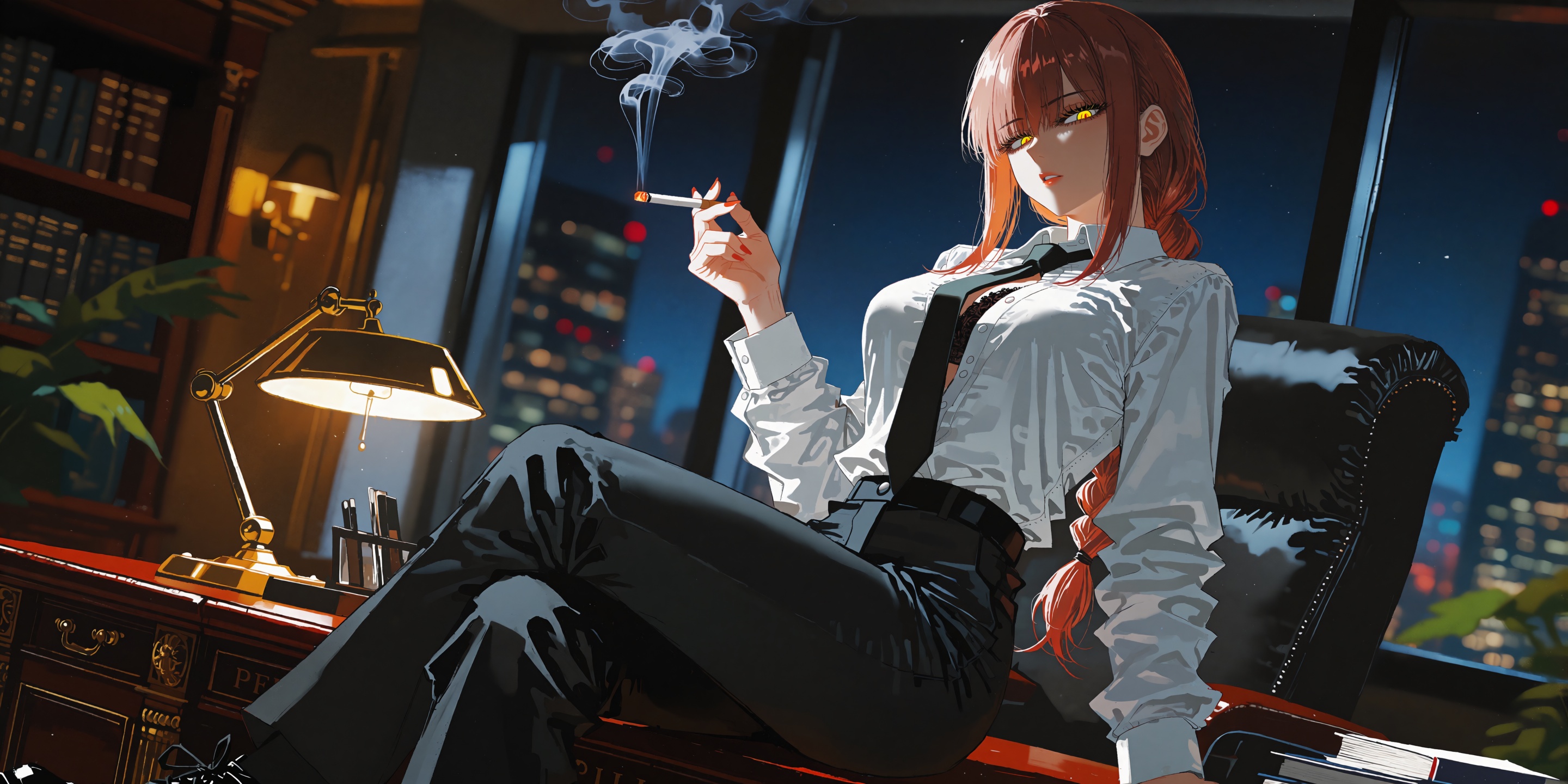 A breathtakingly alluring and dominant depiction of Makima from Chainsaw Man sitting on the edge of a heavy mahogany execu...