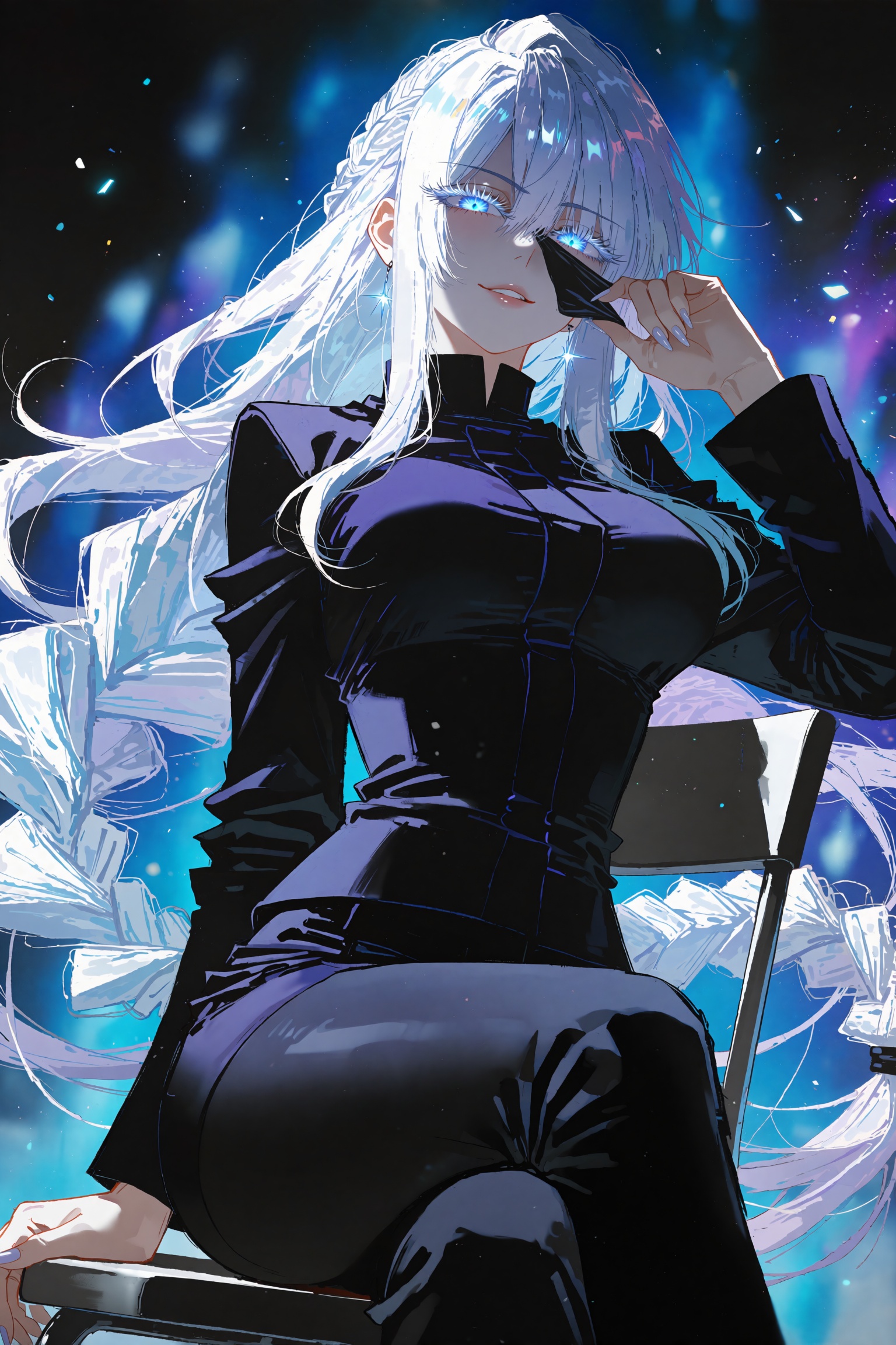 A breathtakingly beautiful and overwhelmingly charismatic female version of Satoru Gojo from Jujutsu Kaisen,  radiating a...