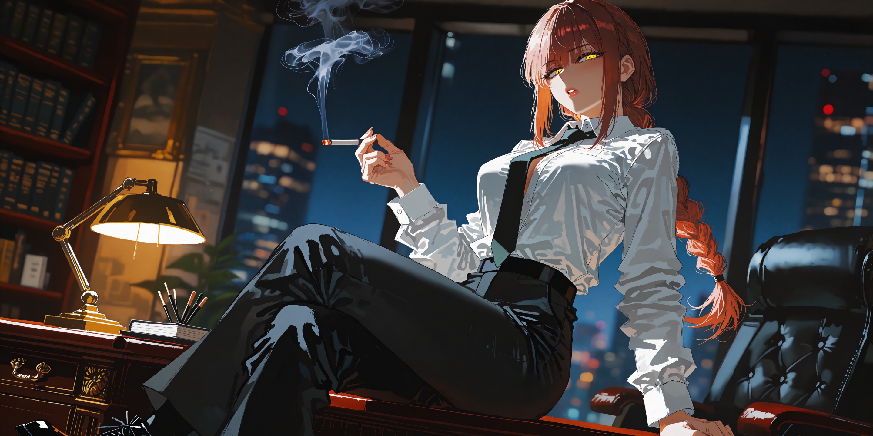 A breathtakingly alluring and dominant depiction of Makima from Chainsaw Man sitting on the edge of a heavy mahogany execu...