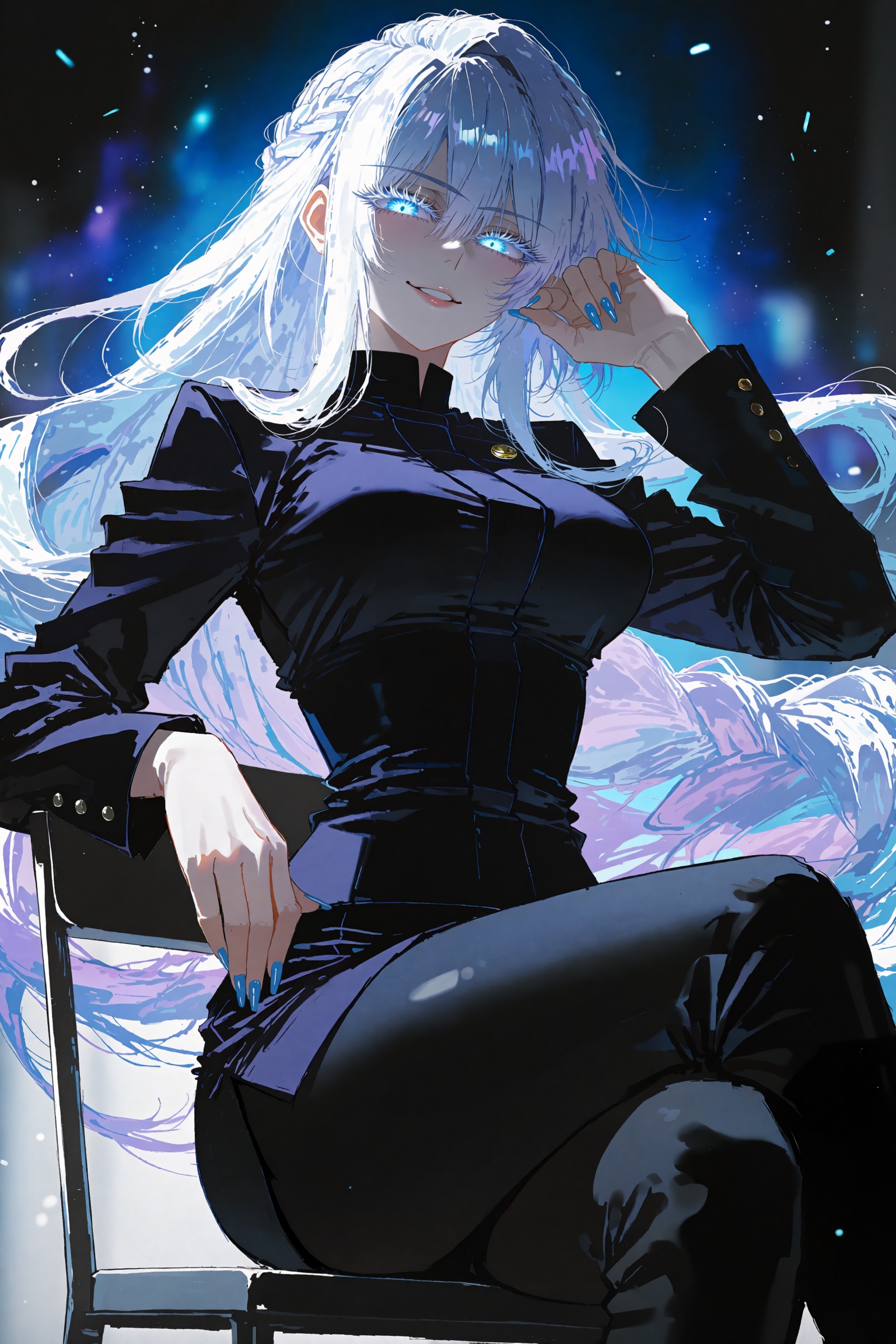 A breathtakingly beautiful and overwhelmingly charismatic female version of Satoru Gojo from Jujutsu Kaisen,  radiating a...