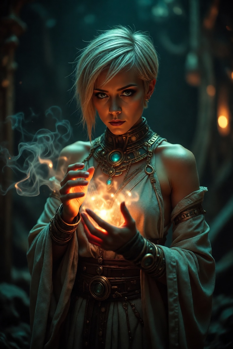 sci-fi sorceress woman. short blonde hair. ancient magic technology. Dark dungeon. Perfect hands on Tensor.Art