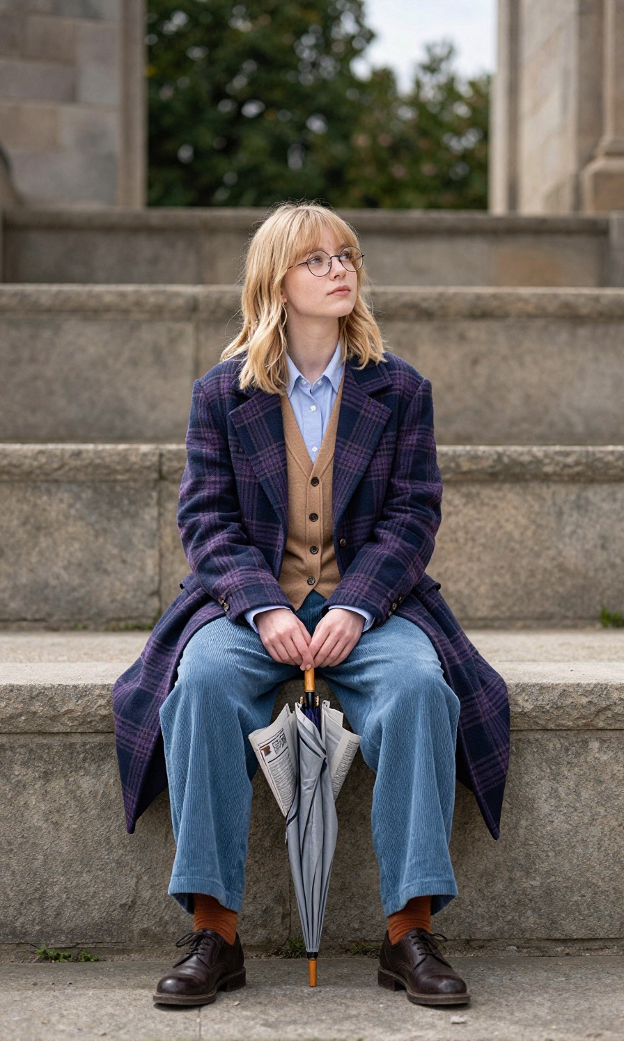 A slightly low angle,  ultra wide perspective uses full body framing to position a young woman centrally seated atop a con...