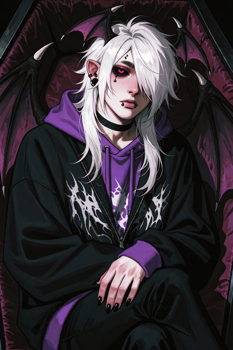 a half-body image of a 1boy with bat wings,  black nails,  ear piercing on Tensor.Art
