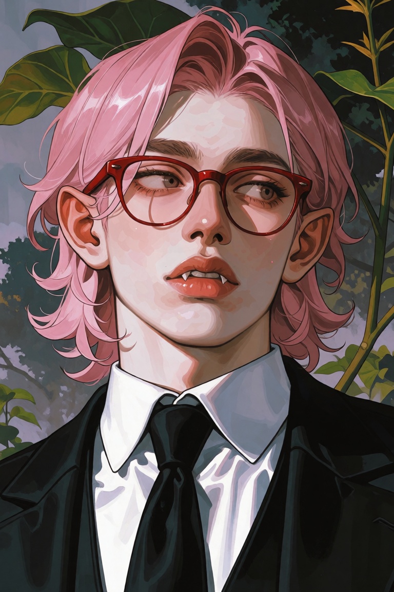 Create a realistic portrait of a solo boy with medium-length pink hair,  focusing on his upper body. He is wearing a forma...