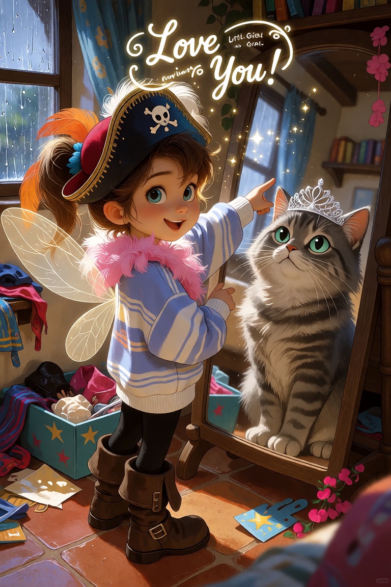 little fairy wearing a lovely loose blue and white striped sweatshirt and BLACK LEGGING. Her hair is tied in a loose ponyt...