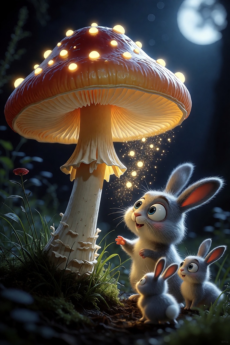 caricature pencil outline sketch image with one pencil line: We see a beautiful colorful huge mushroom in moonlight with b...