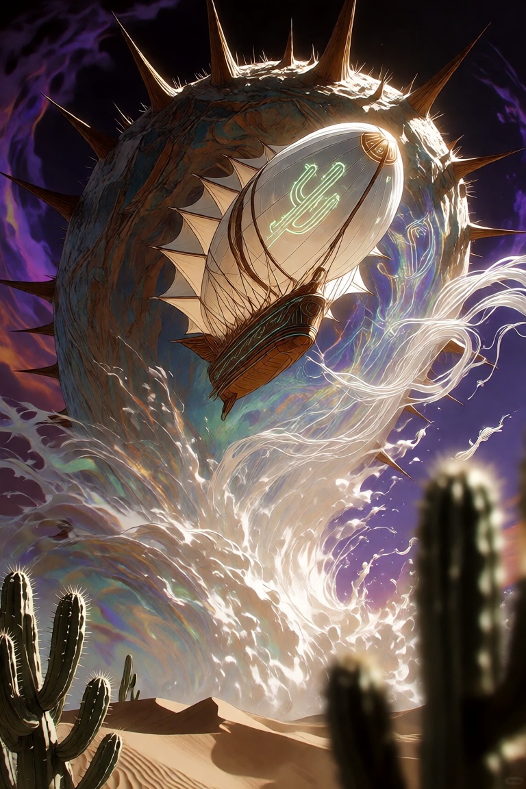 Cinematic anime fantasy masterpiece: A legendary ghost zeppelin with translucent sails and glowing cactus runes emerges fr...