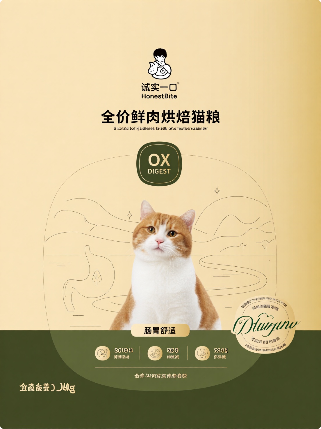 诚实一口主粮包装风格,  宠物主粮包装正面设计,  高端线猫粮 on Tensor.Art