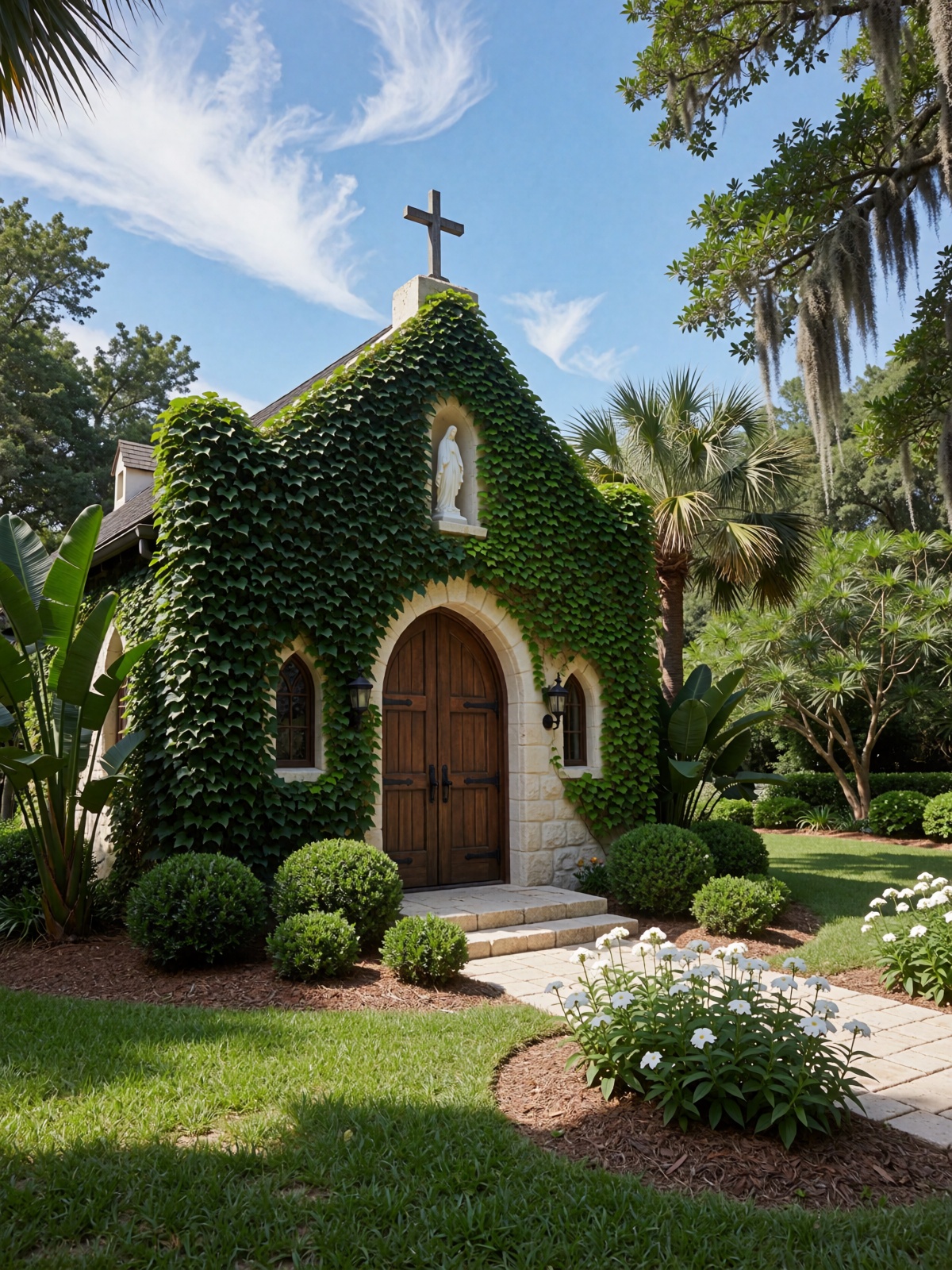 This is a picturesque,  sunlit photograph of a charming,  ivy-covered chapel or small church nestled in a lush on Tensor.Art