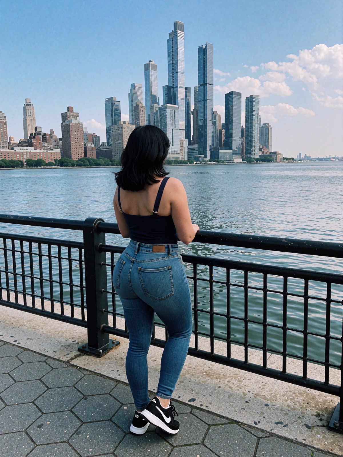 A woman with dark hair stands facing away from the camera,  looking out over a body of water toward a distant city skyline...