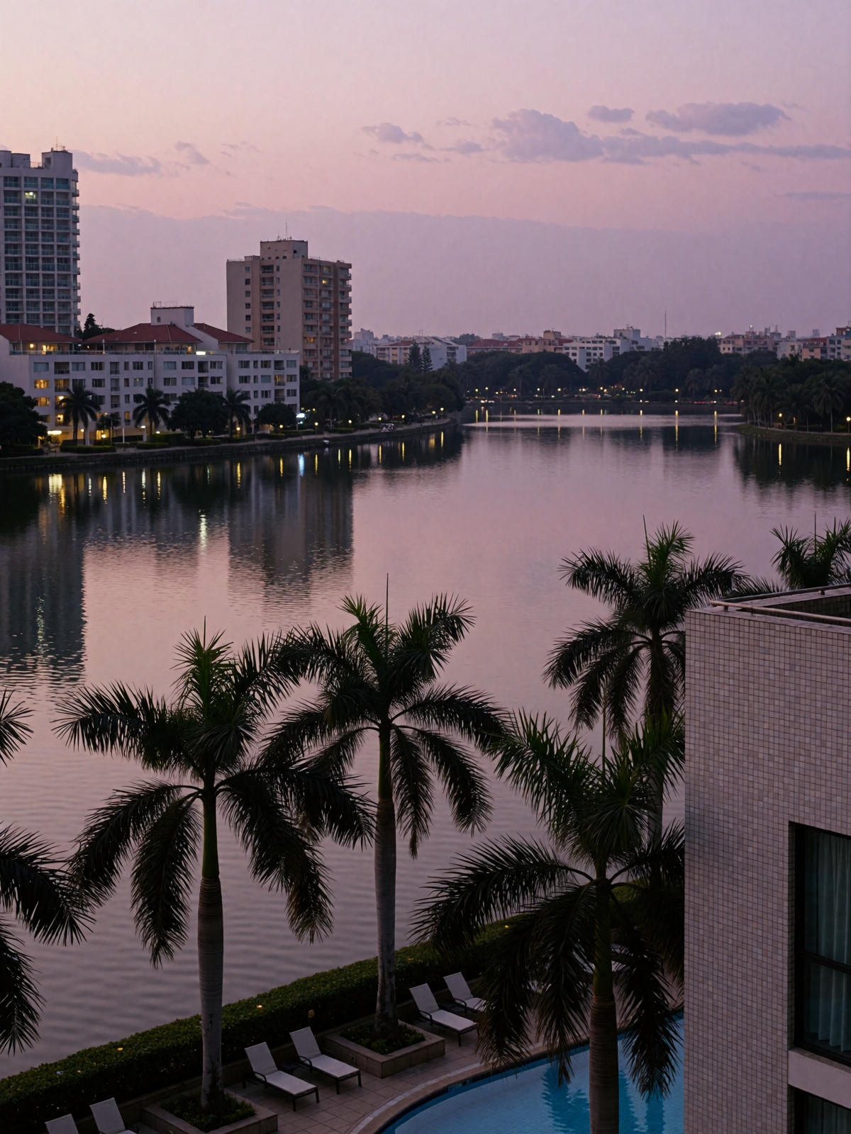 This is a serene twilight scene overlooking a calm body of water,  likely a lake or lagoon,  framed by palm trees and urba...