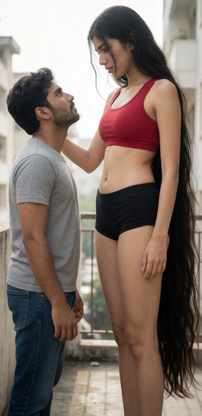Size difference between very very tall 18 years old 18feet gaintes korean woman and 5 feet 40 years old indian man,  he lo...