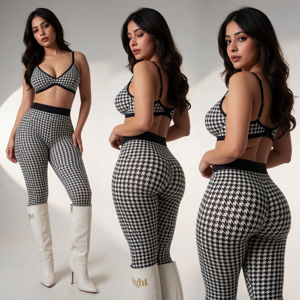 Create a scene featuring an elegant and sexy lingerie ensemble for a indian young woman. ,  Long legs,  Heavy lip makeup l...